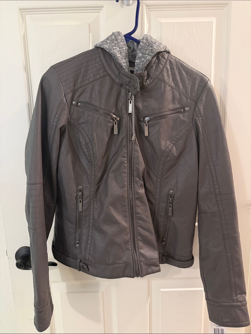 Women's Gray Faux Leather Hooded Moto Jacket